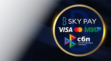 Изображение популярных платежных логотипов, таких как Visa, Mastercard и МИР, а также Sky Pay, подчеркивающее гибкость платежей в Казино Azino888 казино.